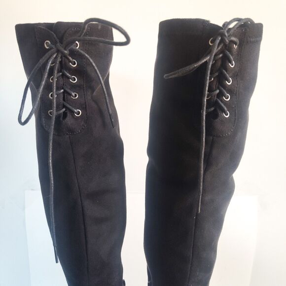 Dream Pair Thigh High Over The Knee Boots Size 8 Faux Suede Black Low Block Heel - Picture 8 of 16